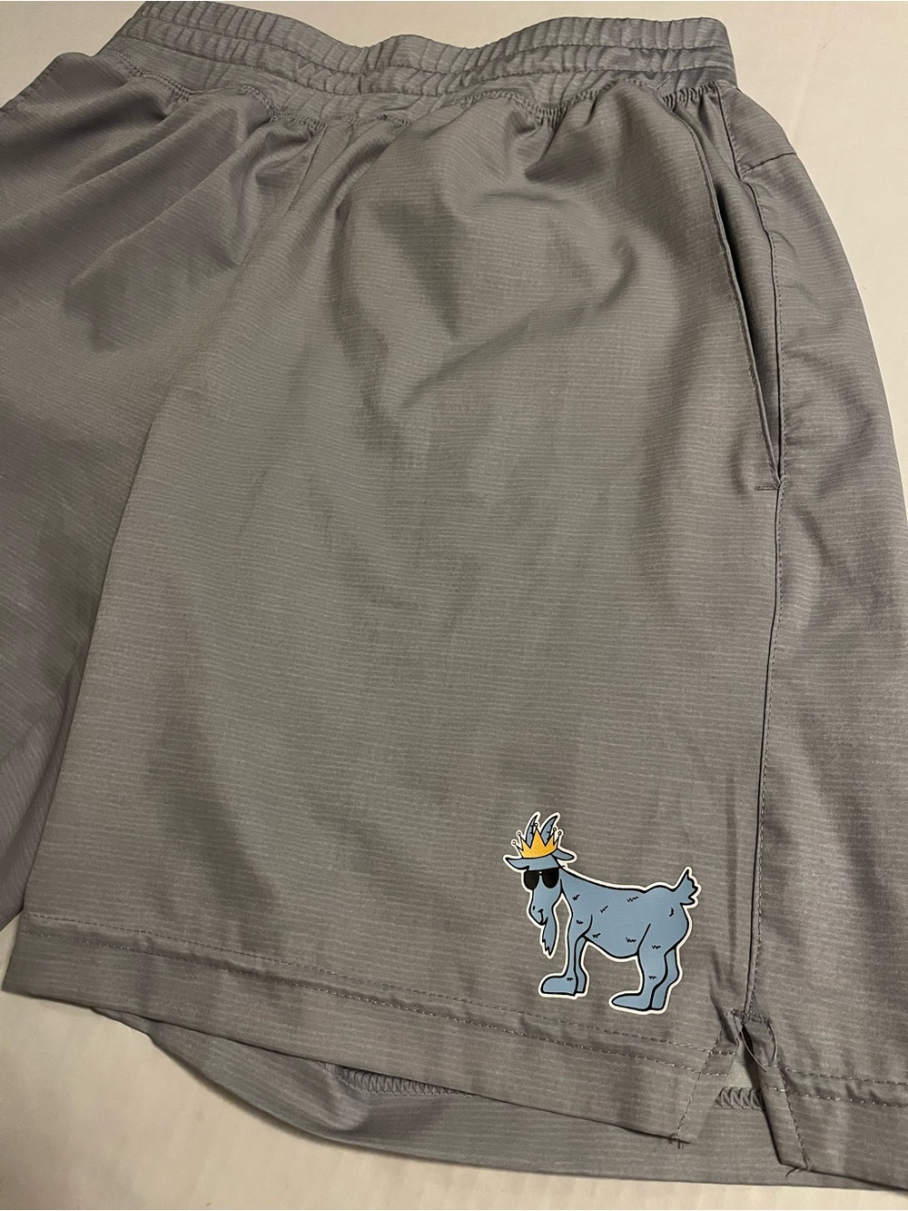 GOAT USA Logo Performance Stretch Gray Shorts SMALL Zip Pocket Elastic Swim LAX